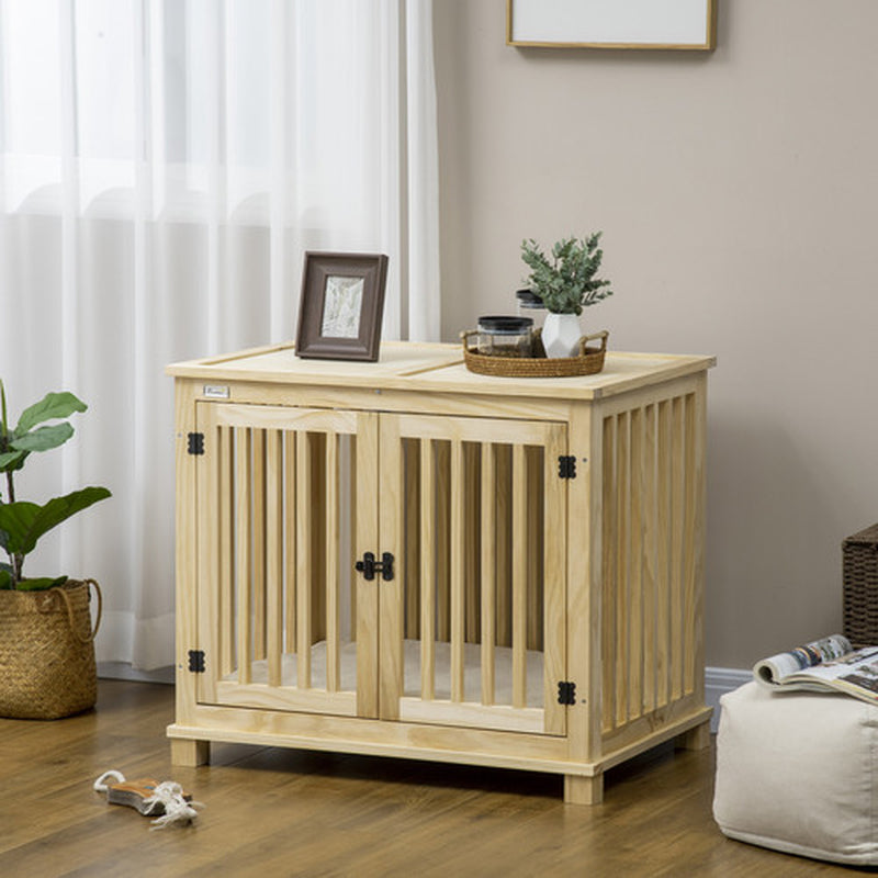 Wooden Dog Crate Furniture W/ Double Doors, Soft Cushion, for Medium Dogs