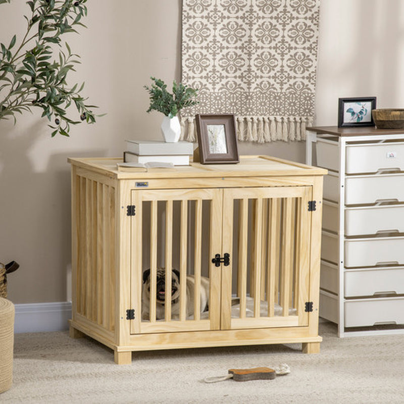 Wooden Dog Crate Furniture W/ Double Doors, Soft Cushion, for Medium Dogs