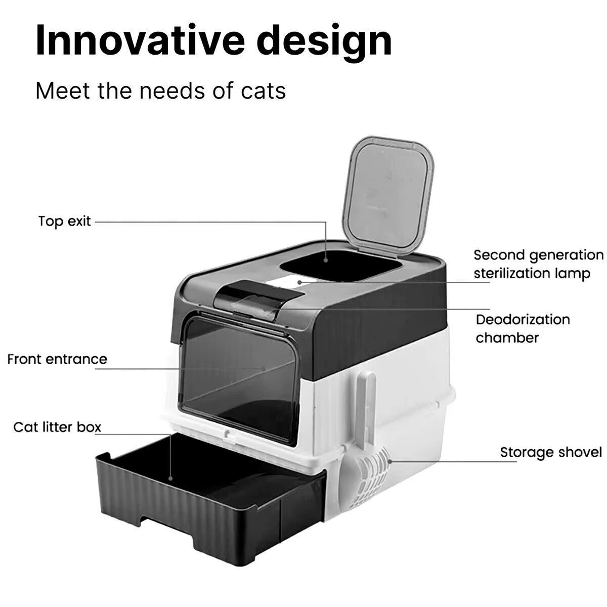 Cat Litter Box Drawer Jumbo Sandbox Totally Closed Cat Litter Pan Large Capacity Odor Removal Cat Toilet with Sterilized Lamp