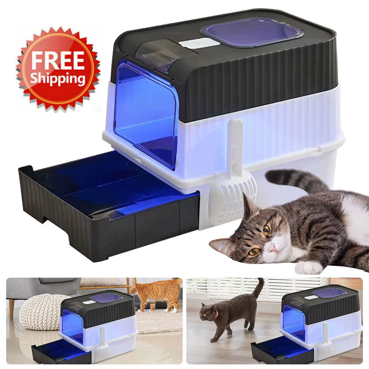 Cat Litter Box Drawer Jumbo Sandbox Totally Closed Cat Litter Pan Large Capacity Odor Removal Cat Toilet with Sterilized Lamp