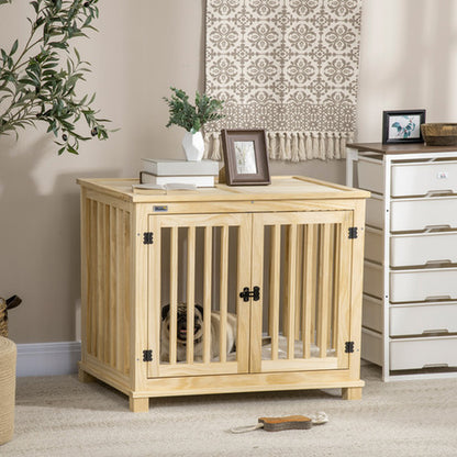 Wooden Dog Crate Furniture W/ Double Doors, Soft Cushion, for Medium Dogs