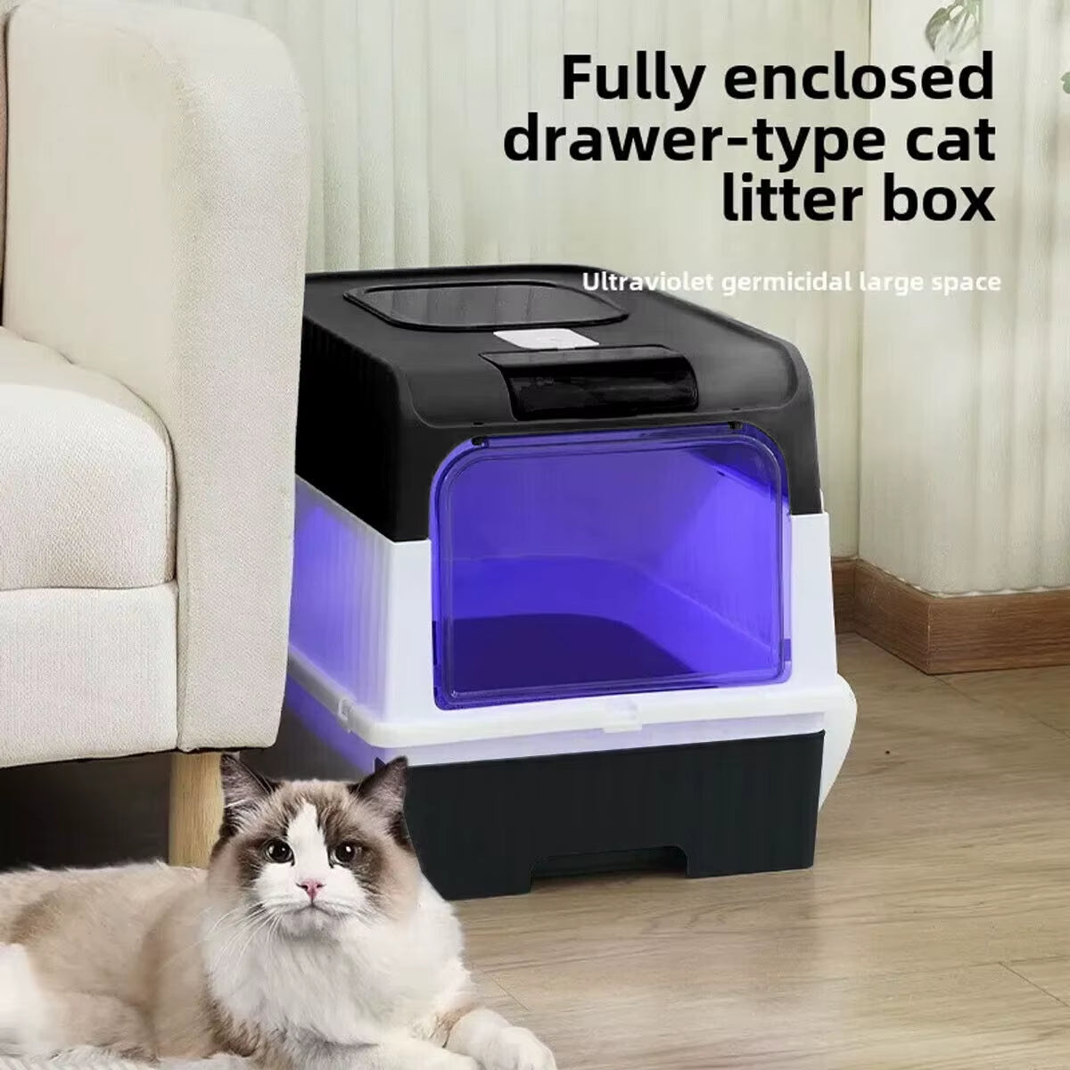 Cat Litter Box Drawer Jumbo Sandbox Totally Closed Cat Litter Pan Large Capacity Odor Removal Cat Toilet with Sterilized Lamp