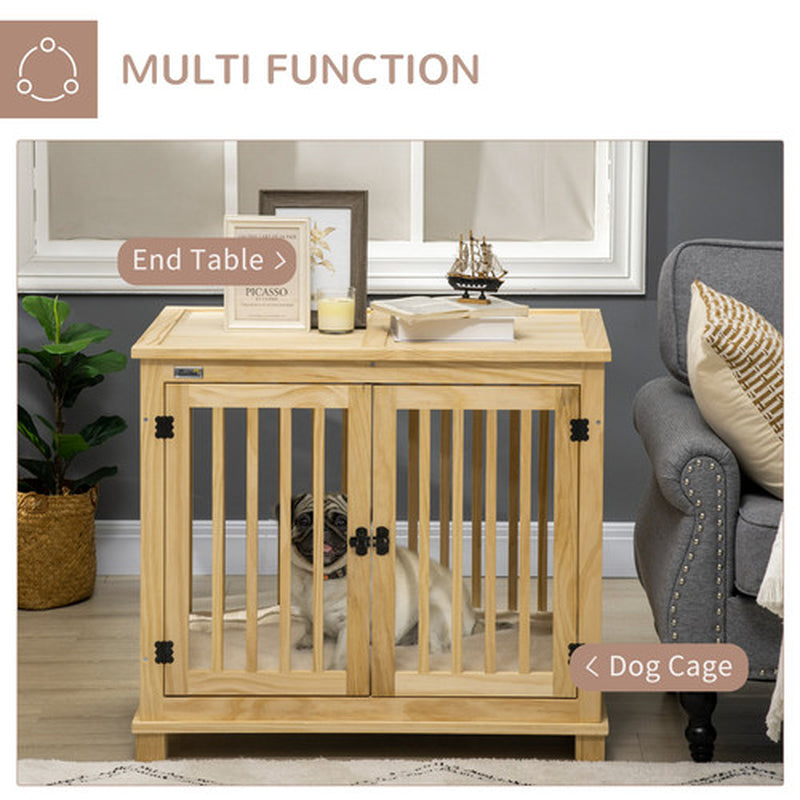 Wooden Dog Crate Furniture W/ Double Doors, Soft Cushion, for Medium Dogs