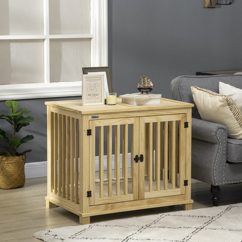 Wooden Dog Crate Furniture W/ Double Doors, Soft Cushion, for Medium Dogs