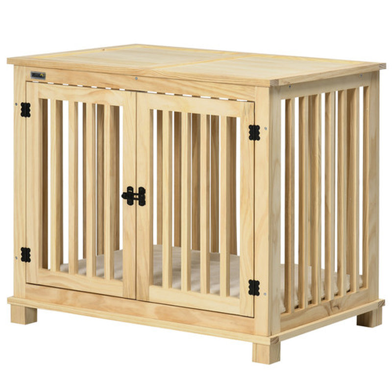 Wooden Dog Crate Furniture W/ Double Doors, Soft Cushion, for Medium Dogs