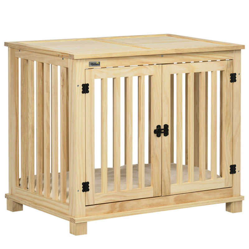 Wooden Dog Crate Furniture W/ Double Doors, Soft Cushion, for Medium Dogs