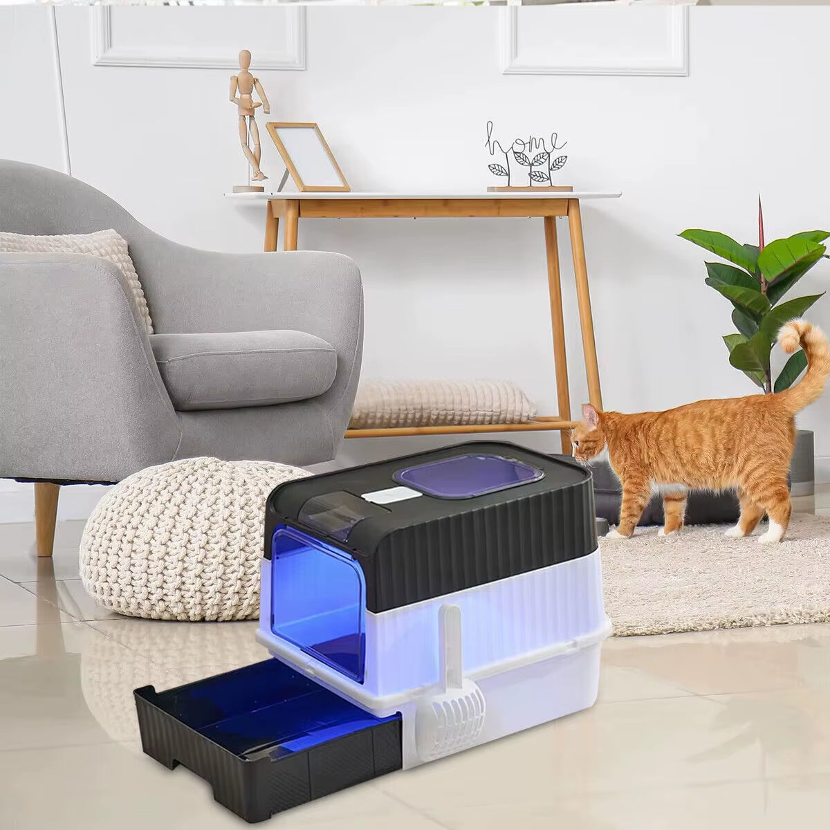 Cat Litter Box Drawer Jumbo Sandbox Totally Closed Cat Litter Pan Large Capacity Odor Removal Cat Toilet with Sterilized Lamp