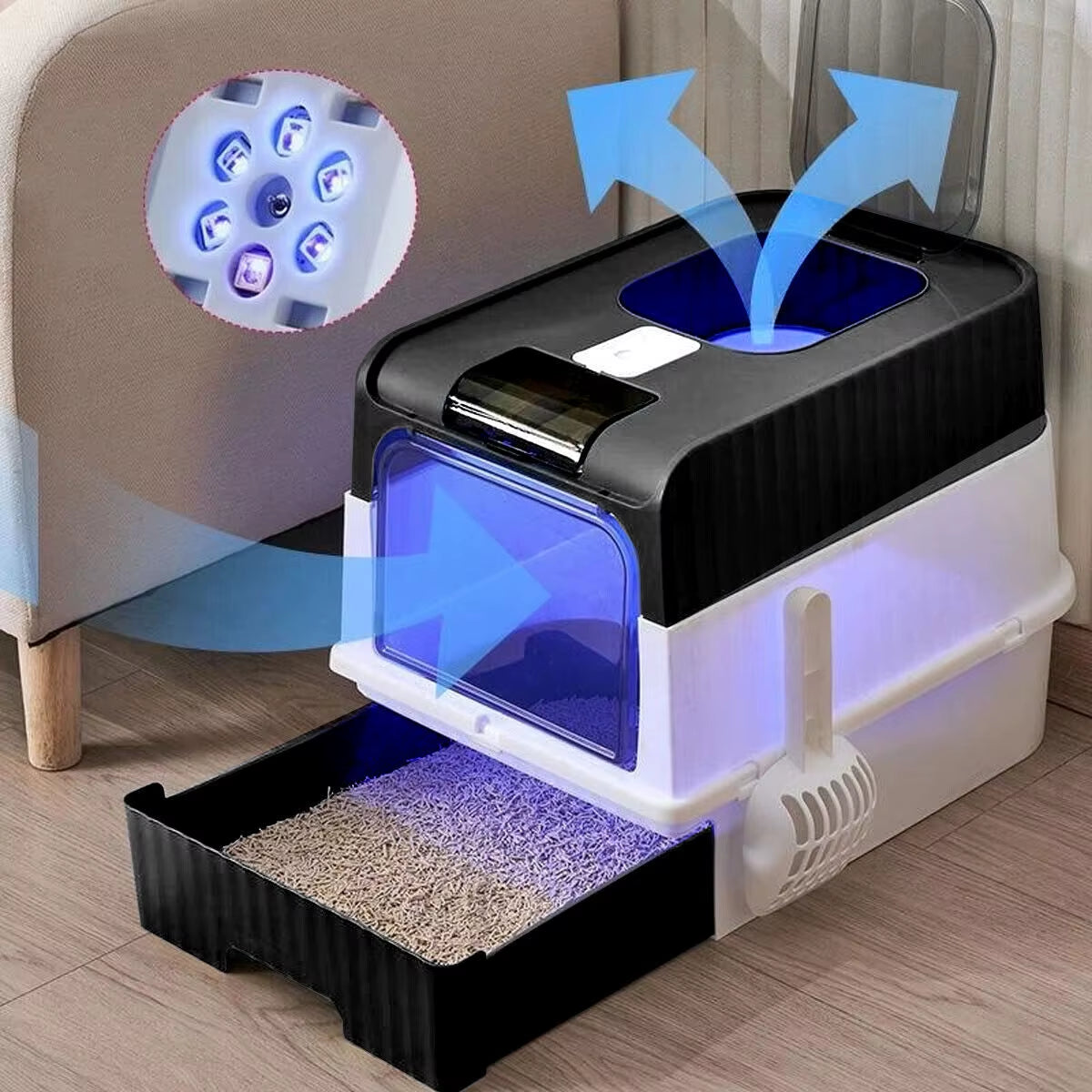 Cat Litter Box Drawer Jumbo Sandbox Totally Closed Cat Litter Pan Large Capacity Odor Removal Cat Toilet with Sterilized Lamp