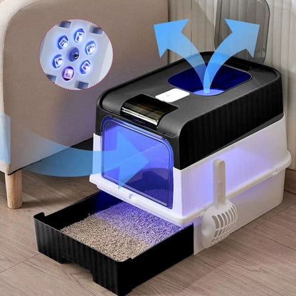 Cat Litter Box Drawer Jumbo Sandbox Totally Closed Cat Litter Pan Large Capacity Odor Removal Cat Toilet with Sterilized Lamp